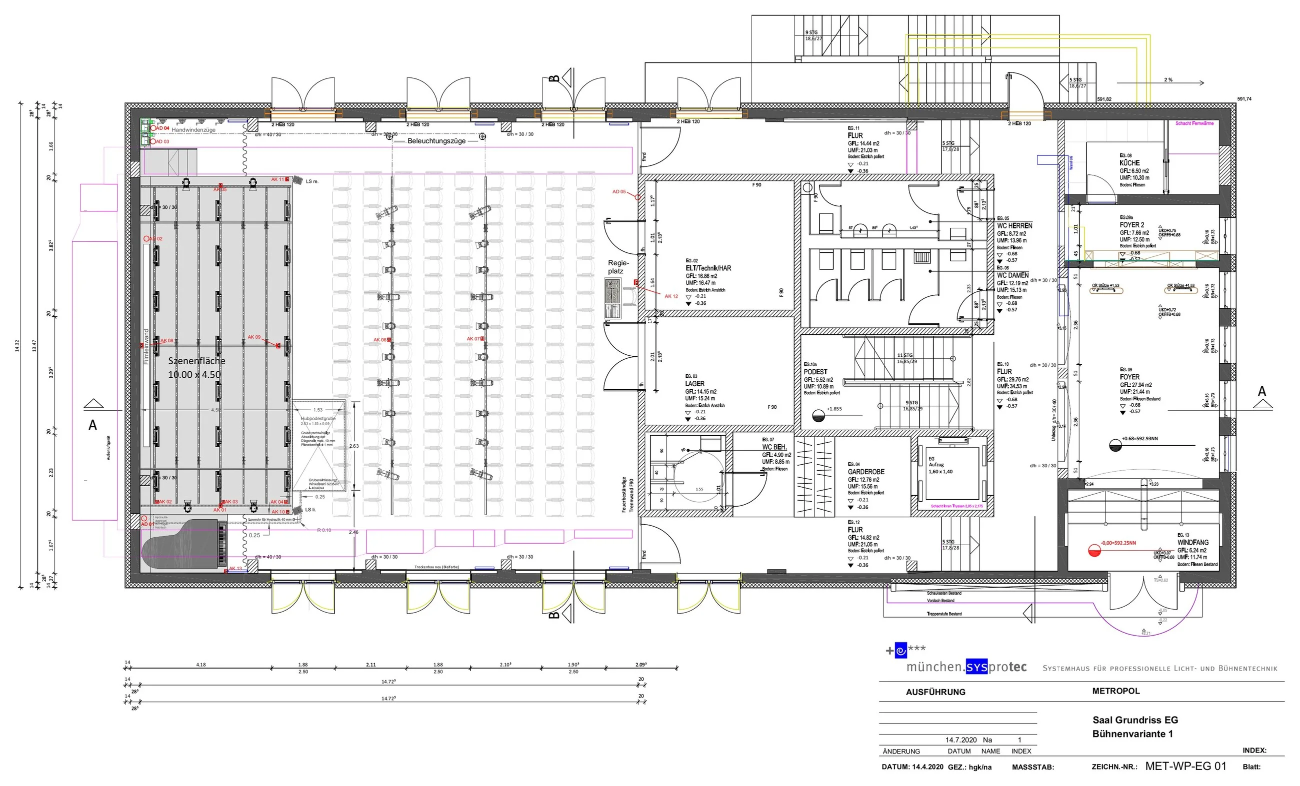 Saal, Grundriss EG — Bühnenvariante 1