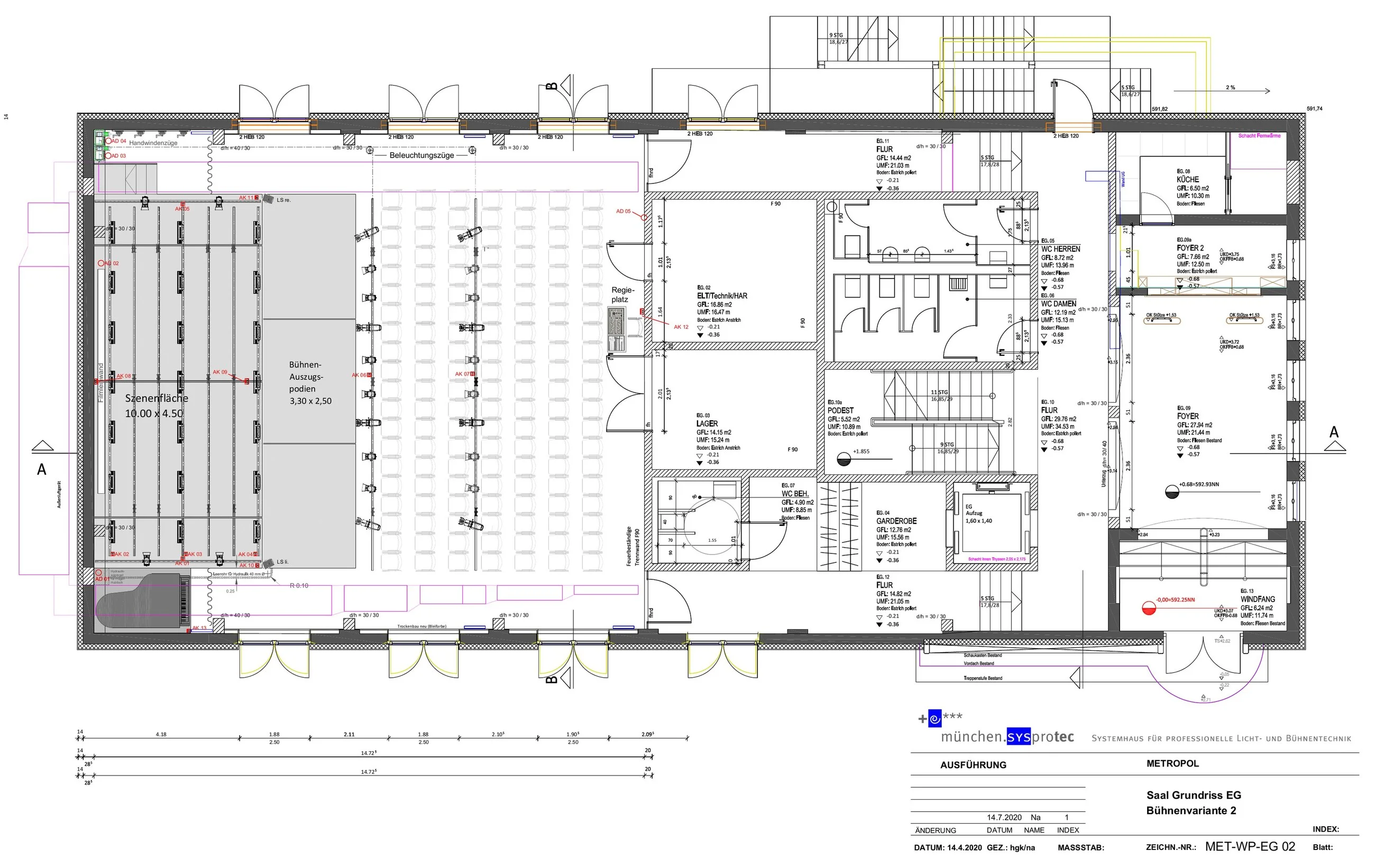 Saal, Grundriss EG — Bühnenvariante 2